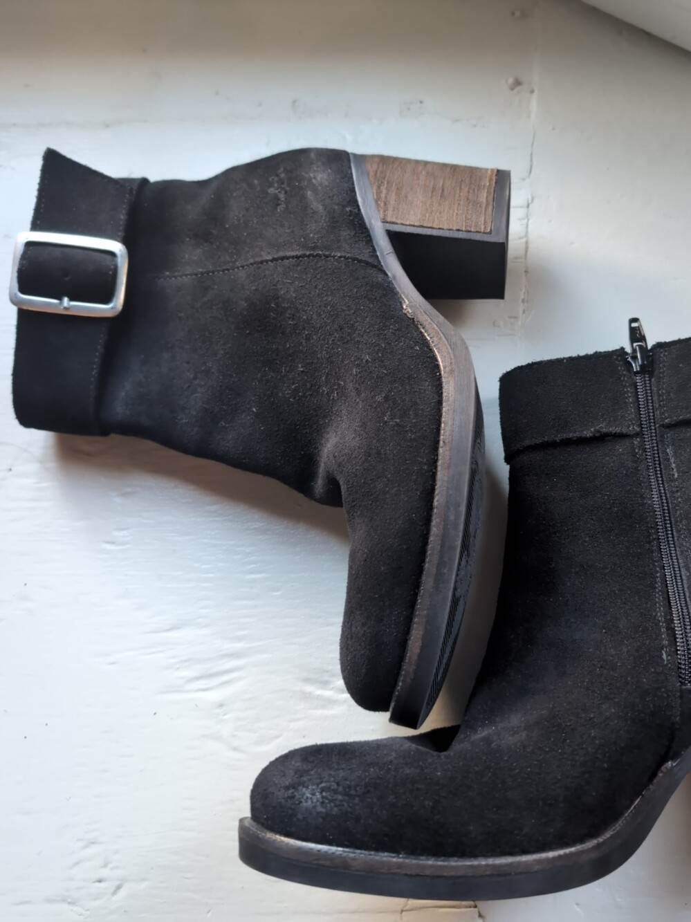 Black real suede ankle boot booties with silver tone buckle and 2.5 in heel